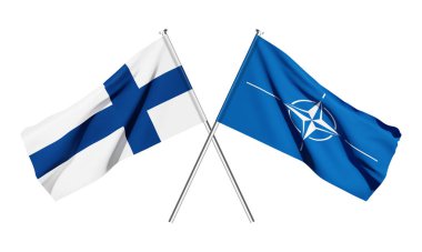 NATO ve Finlandiya bayrakları. Moskova, Rusya - Nisan 2023