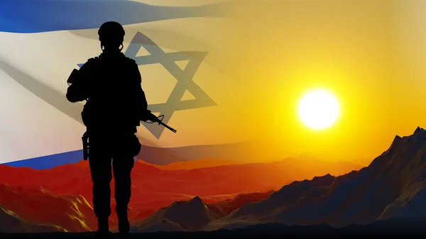Sylwetka Żołnierza Izraelską Flagą Wschód Słońca Koncepcja Siły Zbrojne Izraela — Zdjęcie stockowe