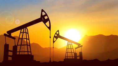 Silhouette of Oil pump. Industrial machine for petroleum on background of sunset. EPS10 vector
