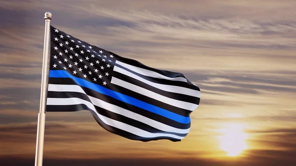 Американський Прапор Поліцейською Синьою Лінією Тлі Заходу Сонця Підтримка Поліції — стокове фото