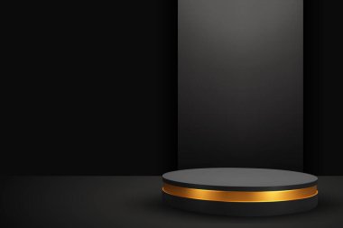 Siyah ve altın kaide podyumu. Ürün sunumu için lüks siyah sahne. EPS10 vektörü