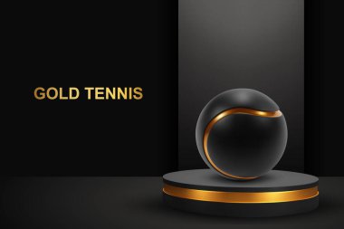 Podyumda altın çizgili siyah tenis topu. EPS10 vektörü