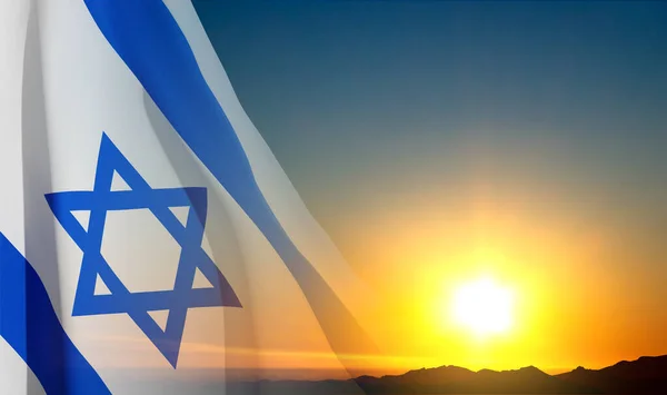 Israël Vlag Met Een Ster Van David Tegen Zonsondergang Patriottisch — Stockvector