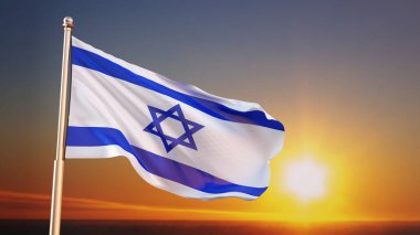 Israel flag with a star of David against the sunset. Patriotic concept. 3d-rendering clipart