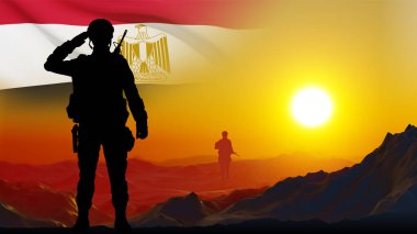 Gün batımına karşı Mısır bayrağı taşıyan asker siluetleri. Ulusal Tatil için arka plan. Konsept: Silahlı Kuvvetler. 3d oluşturma