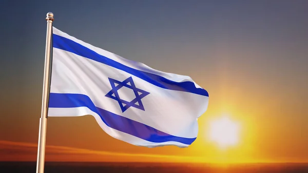 Israël Vlag Met Een Ster Van David Tegen Zonsondergang Patriottisch — Stockfoto