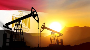 Mısır bayrağının arka planında gün batımına ya da gündoğumuna karşı yağ pompası silueti. Mısır Petrol Sanayii konsepti. EPS10 vektörü