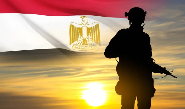 Silhueta Soldado Contra Pôr Sol Com Bandeira Egípcia Antecedentes Para — Vetor de Stock