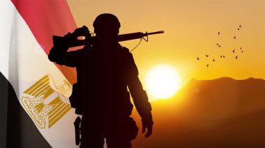Asker silueti Mısır bayrağıyla gün batımına karşı. Ulusal Tatil için arka plan. Konsept: Silahlı Kuvvetler. EPS10 vektörü