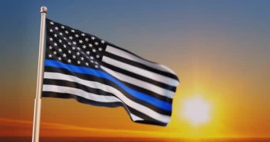 Polis bayrağı, gün batımına karşı bayrak direğinde dalgalanan Amerikan bayrağı. İnce Mavi Çizgi Bayrağı, 30fps