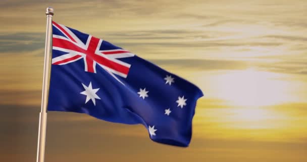 Australiens Flagga Blåser Vinden Mot Solnedgången 30Fps Royaltyfri Stockfilm