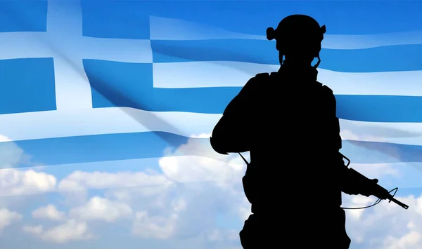 Silhouette Soldat Avec Drapeau Grec Sur Fond Ciel Vecteur Eps10 — Image vectorielle