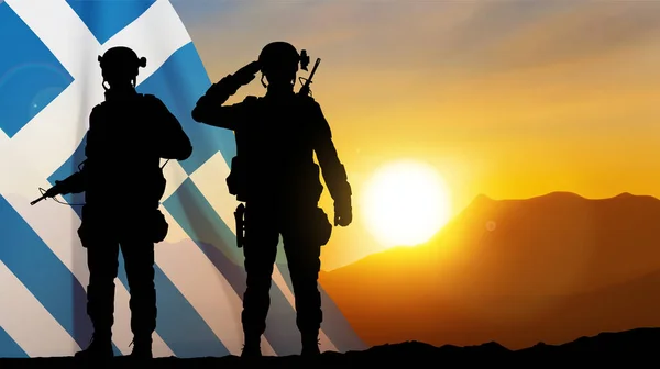 Siluety Vojáků Řeckou Vlajkou Proti Západu Slunce Eps10 Vektor — Stockový vektor