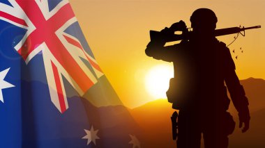 Silhouette of Soldier with Australian flag on background of sunset. Concept - Armed Force. EPS10 vector