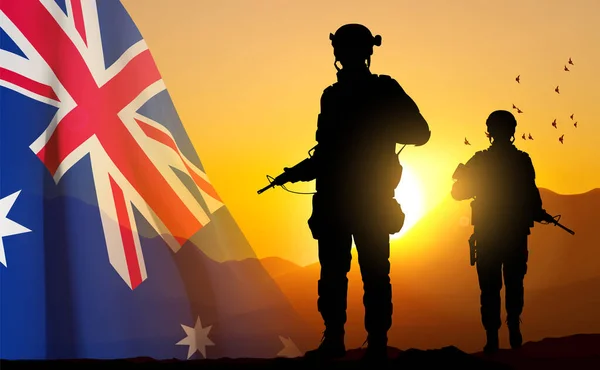 Silhouette Soldiers Australian Flag Background Sunset Concept Armed Force Eps10 — Vetor de Stock