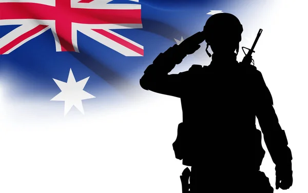 Silhouette Saluting Soldier Australian Flag White Background Concept Armed Force — Stockvector