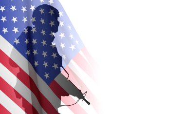 Beyaz arka planda Amerikan bayrağı olan bir askerin silueti. EPS10 vektörü