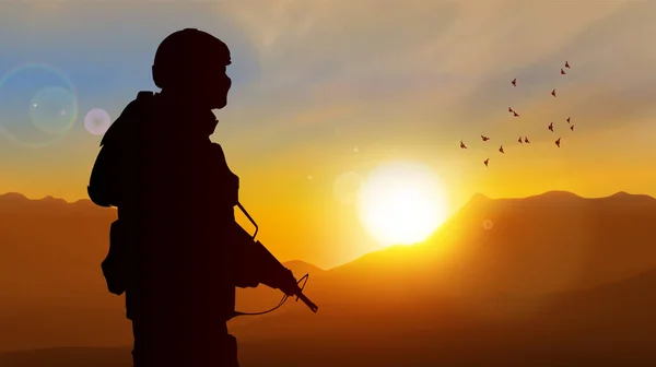 Σιλουέτα Ενός Στρατιώτη Θέα Ηλιοβασίλεμα Διανυσματικό Eps10 — Διανυσματικό Αρχείο
