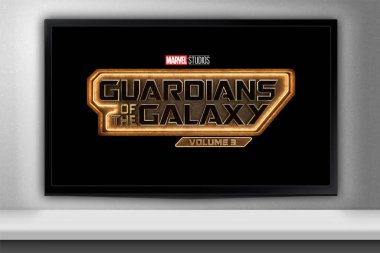 Guardians Of The Galaxy Volume 3 movie on TV screen. Moscow, Russia - April, 2023 clipart