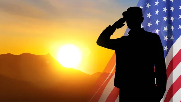 美国陆军士兵在日落的背景下敬礼 老兵日 阵亡将士纪念日 独立日背景 Eps10病媒 — 图库矢量图片
