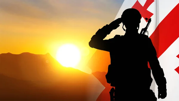 Silueta Soldado Saludo Con Bandera Georgia Contra Atardecer Las Montañas — Archivo Imágenes Vectoriales