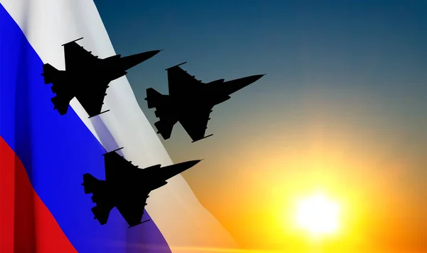 Silhouet Van Een Militaire Luchtmacht Met Russische Vlag Tegen Zonsondergang — Stockvector