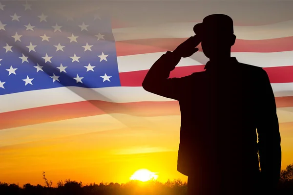 stock image USA army soldier saluting on a background of sunset. Veterans Day, Memorial Day, Independence Day background