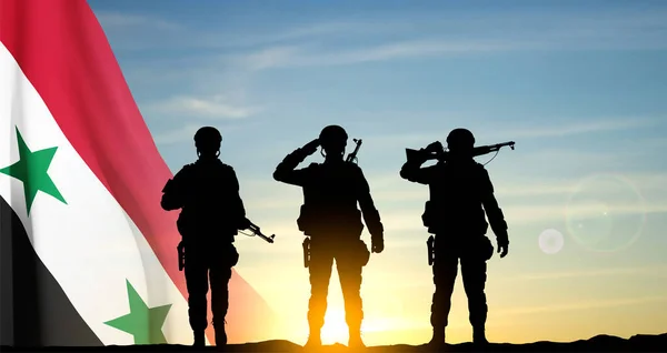 Gün Batımına Karşı Suriye Bayrağı Taşıyan Bir Askerin Siluetleri Eps10 — Stok Vektör