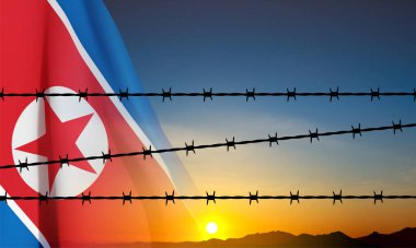 Barbed wire with North Korea flag against the sunset. EPS10 vecor clipart