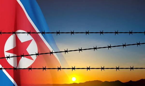 stock vector Barbed wire with North Korea flag against the sunset. EPS10 vecor