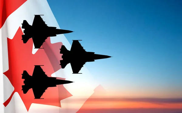 Wojskowe Sylwetki Samolotów Kanadyjską Flagą Zachód Słońca Wektor Eps10 — Wektor stockowy