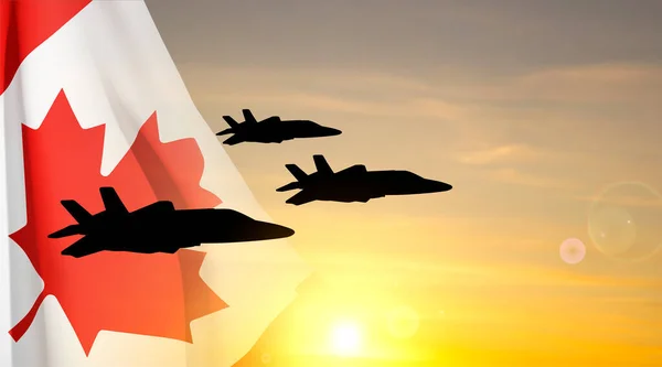 Wojskowe Sylwetki Samolotów Kanadyjską Flagą Zachód Słońca Wektor Eps10 — Wektor stockowy