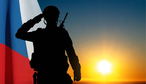 Silhouette Soldato Sakuting Agianst Tramonto Con Bandiera Ceca Vettore Eps10 — Vettoriale Stock