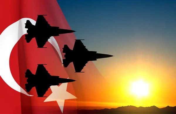 Aviones Militares Contra Puesta Del Sol Bandera Turquía Concepto Fuerza — Vector de stock