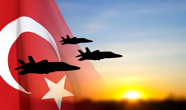 Militärflugzeuge Gegen Den Sonnenuntergang Und Die Türkei Flagge Konzept Luftwaffe — Stockvektor