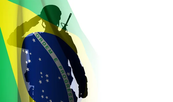Beyaz Arka Planda Brezilya Bayrağıyla Selamlanan Bir Askerin Silueti Brezilya — Stok Vektör