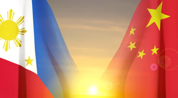 Filipinas China Bandeiras Contra Pôr Sol Dia Amizade Filipino Chinesa —  Vetores de Stock