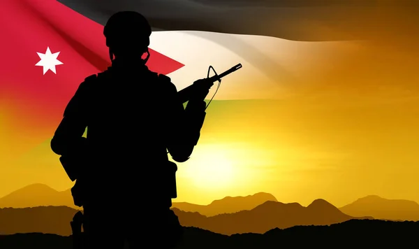 Silhouet Van Een Soldaat Met Jordaanse Vlag Achtergrond Van Zonsondergang — Stockvector