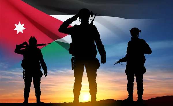 Siluetas Soldados Con Bandera Jordania Fondo Del Cielo Atardecer Concepto — Vector de stock