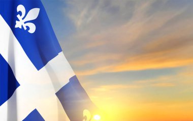 Gün batımına karşı Quebec bayrağı. Quebec Günü için arka plan. EPS10 vektörü