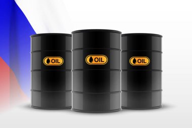 Beyaz arka planda Rus bayrağı olan petrol varilleri. Petrol endüstrisi konsepti. EPS10 vektörü