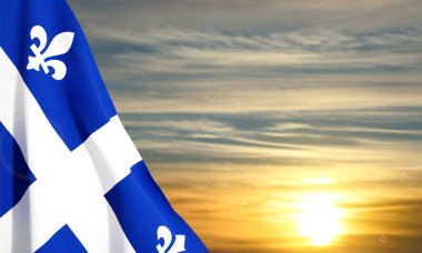 Gün batımına karşı Quebec bayrağı. Quebec Günü için arka plan. EPS10 vektörü
