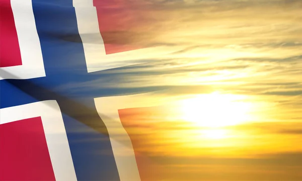 Bandeira Noruega Contra Céu Pôr Sol Histórico Patriótico Vetor Eps10 —  Vetores de Stock