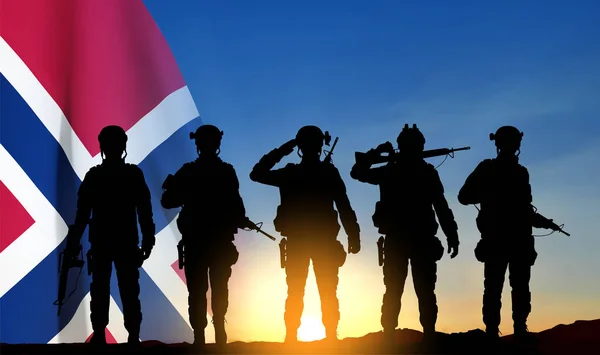 Σιλουέτες Στρατιωτών Ενάντια Στο Ηλιοβασίλεμα Σημαία Της Νορβηγίας Διανυσματικό Eps10 — Διανυσματικό Αρχείο