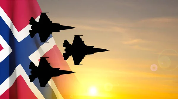 Silhuetas Uma Aeronave Militar Contra Pôr Sol Com Bandeira Noruega —  Vetores de Stock