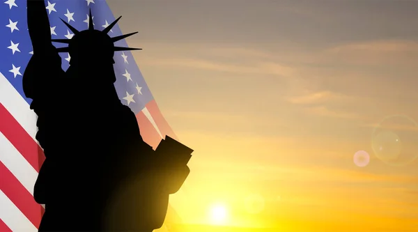 Silhouette Der Freiheitsstatue Gegen Den Sonnenuntergang Hintergrund Für Den Unabhängigkeitstag — Stockvektor