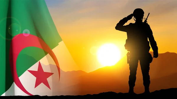 Silhueta Soldado Com Bandeira Argélia Contra Pôr Sol Vetor Eps10 — Vetor de Stock