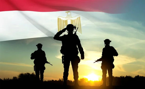 Gün Batımına Karşı Mısır Bayrağı Taşıyan Asker Siluetleri Ulusal Tatil — Stok fotoğraf