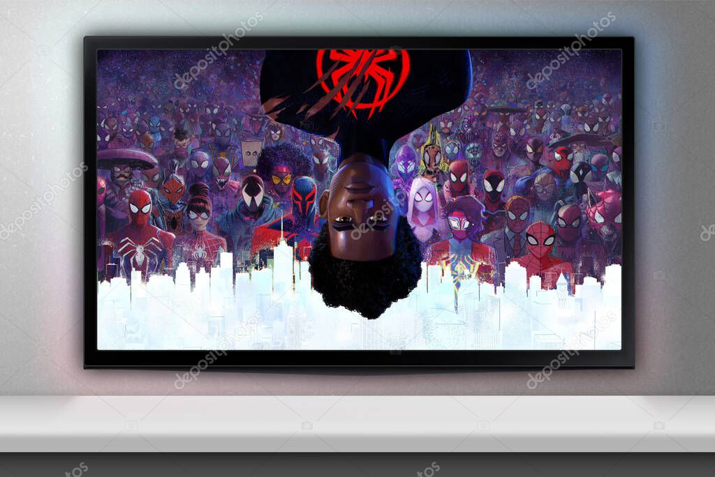Spider-Man Across the Spider-Verse movie on TV screen. Moscow, Russia - July, 2023.