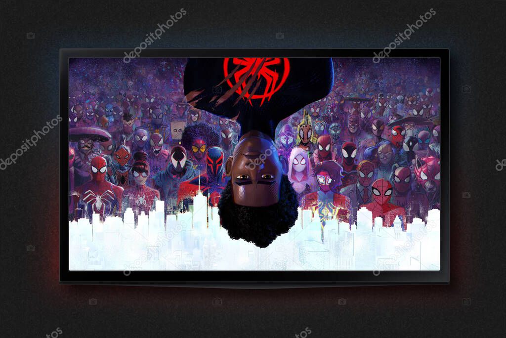 Spider-Man Across the Spider-Verse movie on TV screen. Moscow, Russia - July, 2023.